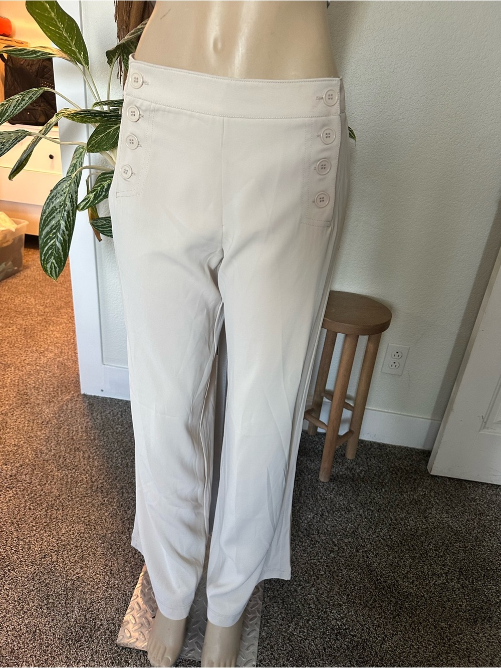 Max Studio Cream Wide-Leg Dress Pants with Button Waist